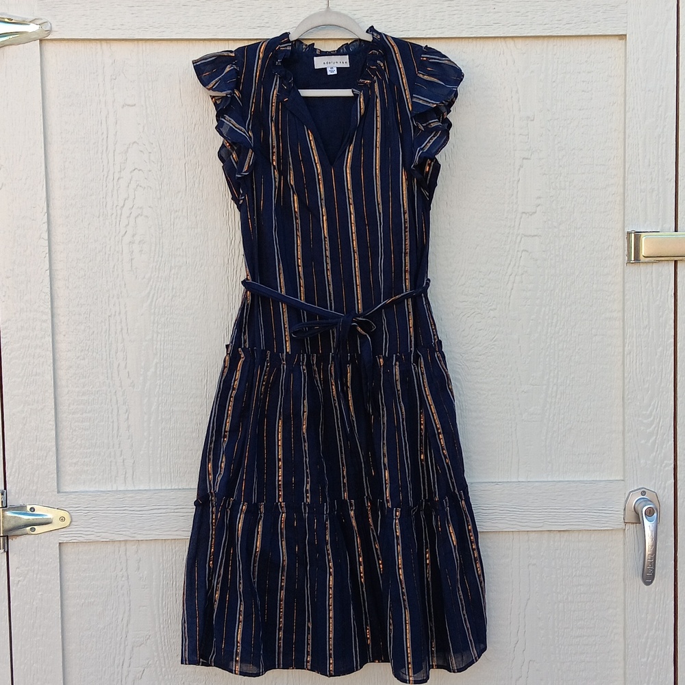 Adelyn Rae mettalic stripe ruffle sleeve navy midi dress womens XS